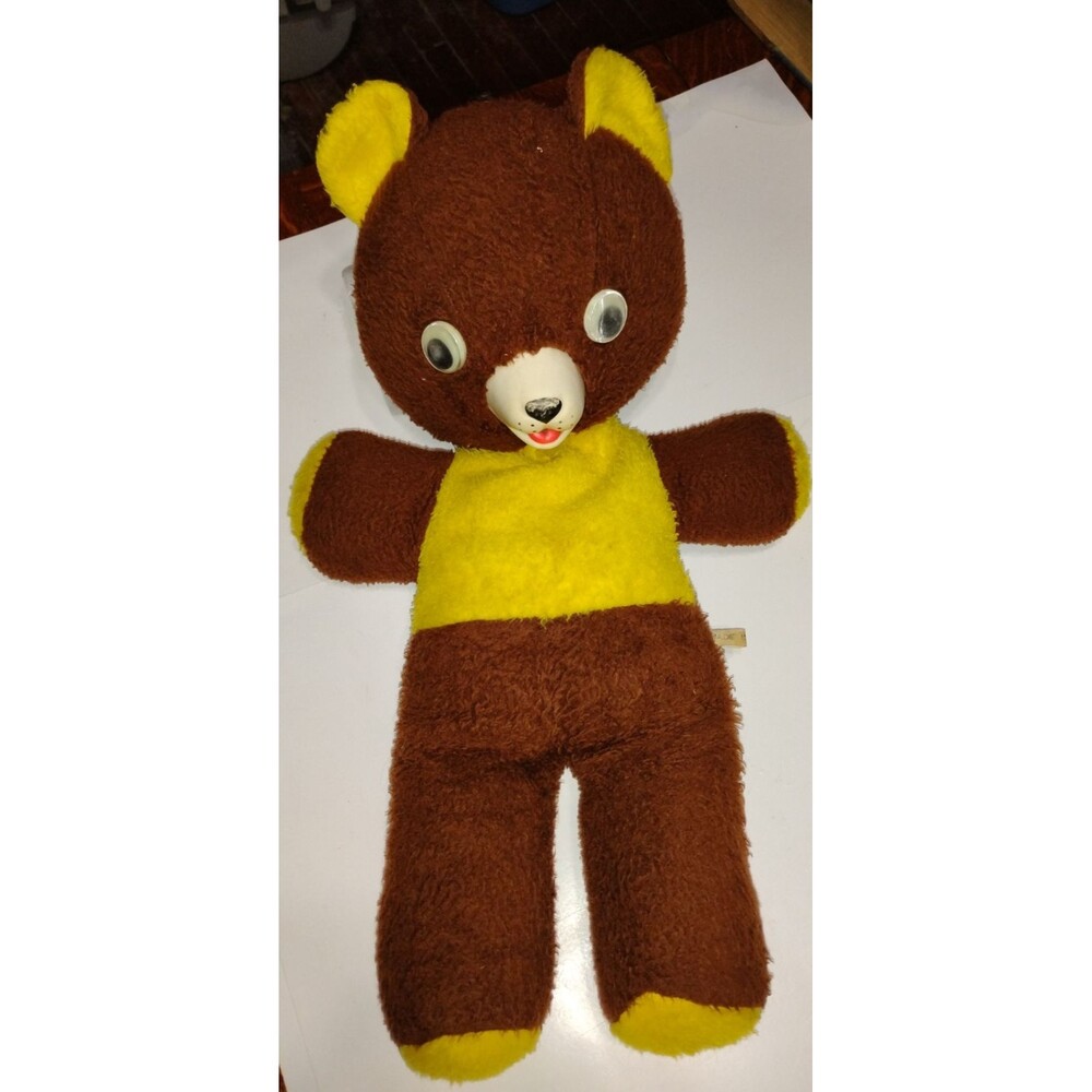 Vintage Teddy Bear Yellow & Brown Large Google Eyes Musical 21” Carnival Prize